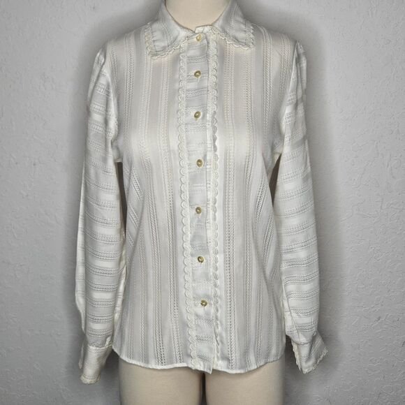 Vintage Dutchmaid Off White Lace Trim Blouse Long Sleeve Pearl Button 70s S M - Picture 1 of 7
